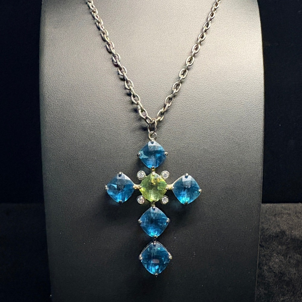 Blue Green Crystal Cross Pendant Necklace Silver Tone Heart Charm 18 Inch